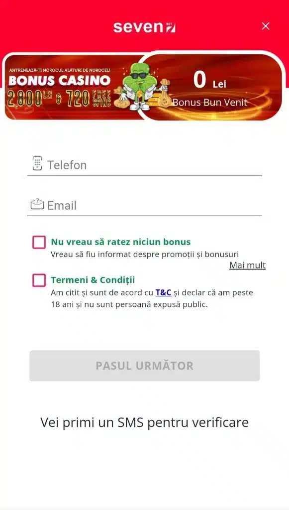 Seven Casino înregistrare de pe telefon sau tableta pasul 1
